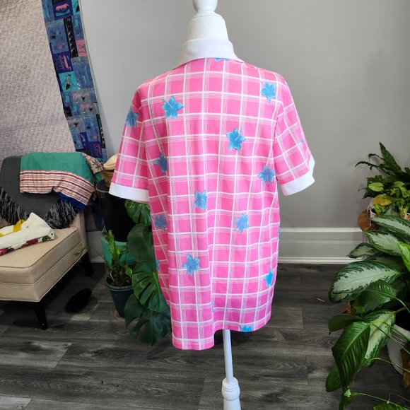 Vintage 1970's Hot Pink & White Polyknit Smock Top with Blue Hibiscus Print - Picture 7 of 8